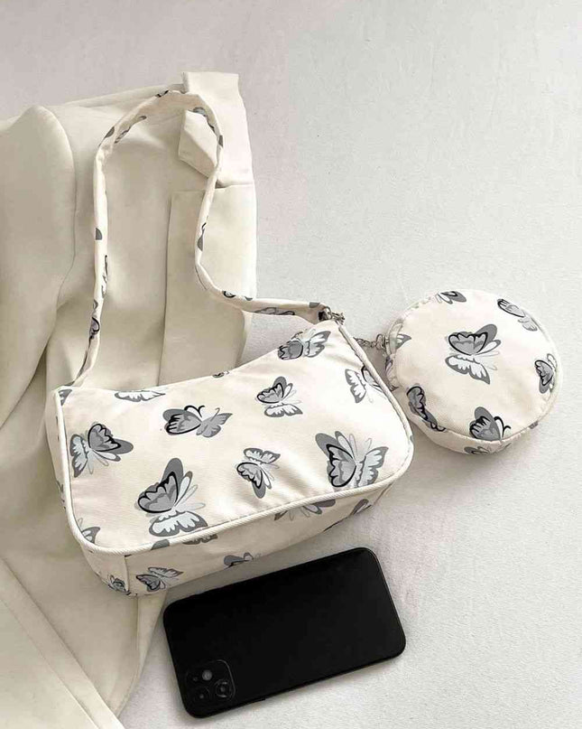 Butterfly Print Shoulder Bag with Purse