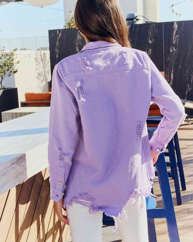American Bazi Full Size Distressed Button Down Denim Jacket in Lavender