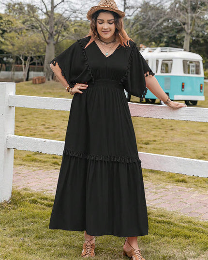 Plus Size Tassel Trim V-Neck Short Sleeve Ruffle Hem Dress