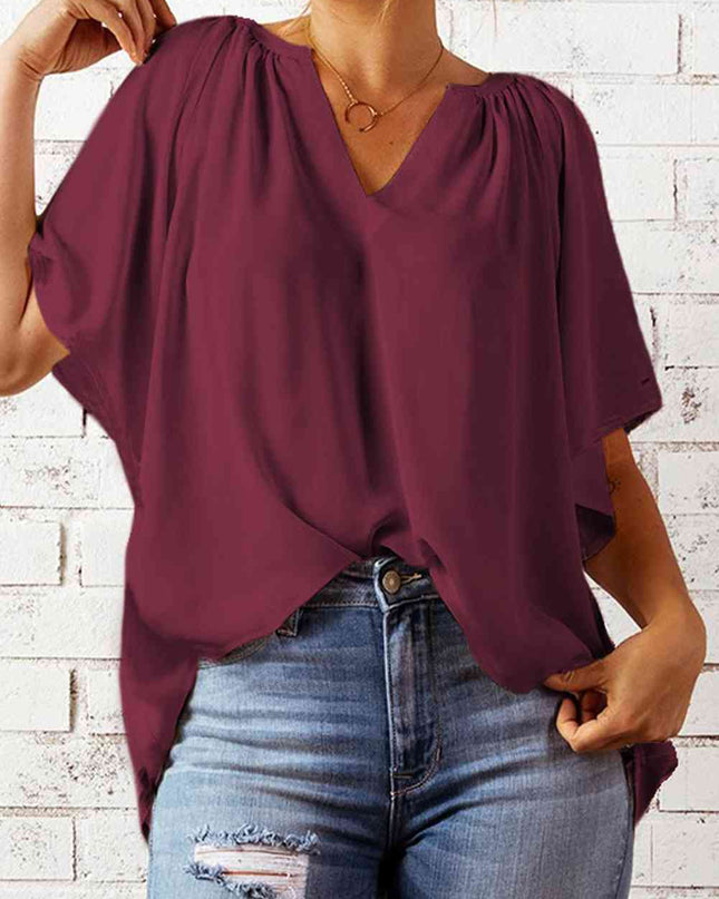 Gathered Detail Notched Neck Flutter Sleeve Top