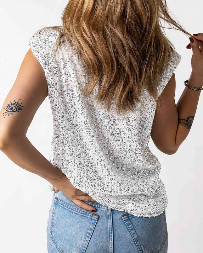 Sequin Round Neck Capped Sleeve Tank