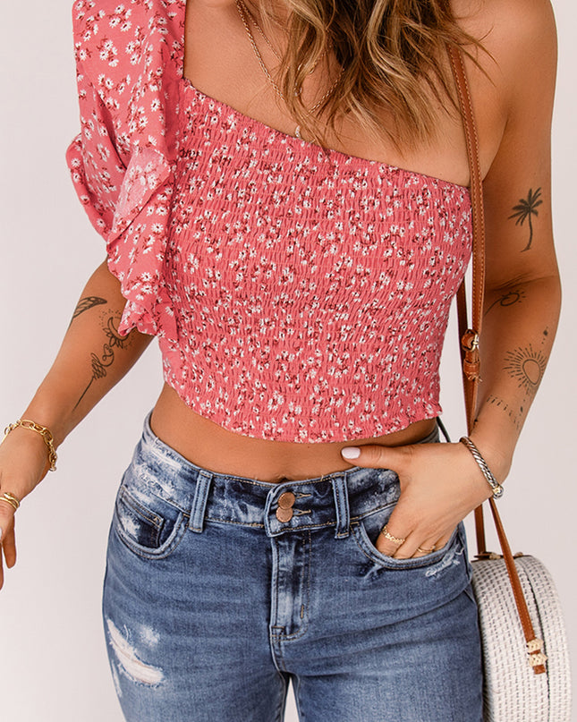 Ditsy Floral Ruffled One-Shoulder Smocked Top