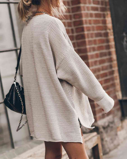 Openwork Round Neck Long Sleeve Slit Sweater