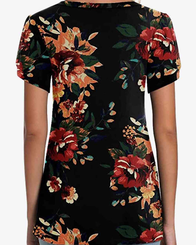 Printed Petal Sleeve V-Neck Blouse