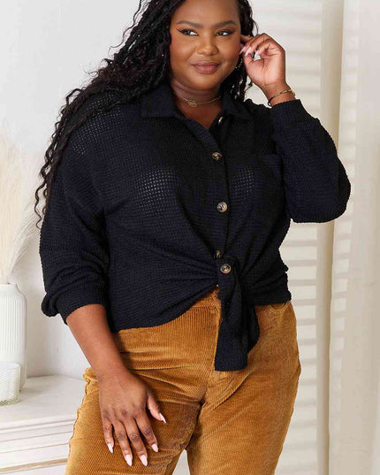 Double Take Waffle-Knit Collared Neck Dropped Shoulder Shirt