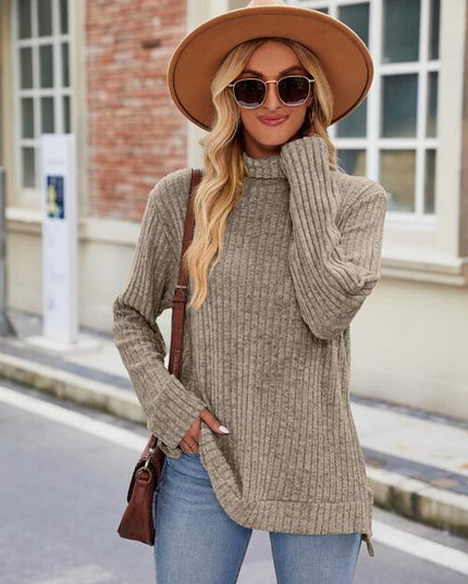 Ribbed Turtleneck Long Sleeve Slit Knit Top