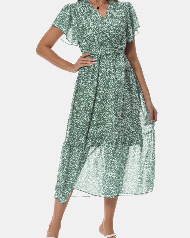 Surplice Neck Flutter Sleeve Tied Dress