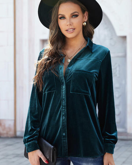 Button Up Collared Neck Long Sleeve Velvet Shirt