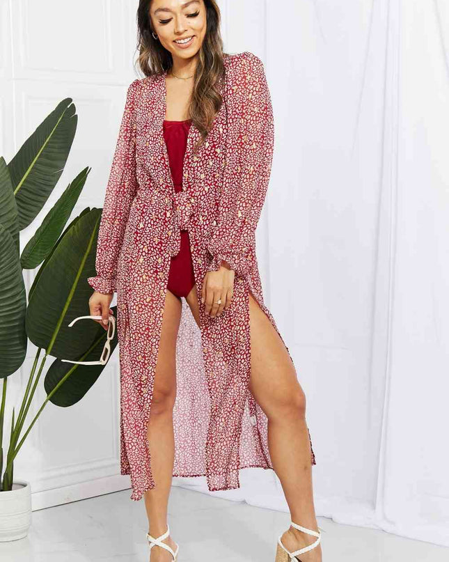 Leopard Tie Waist Flounce Sleeve Cover Up