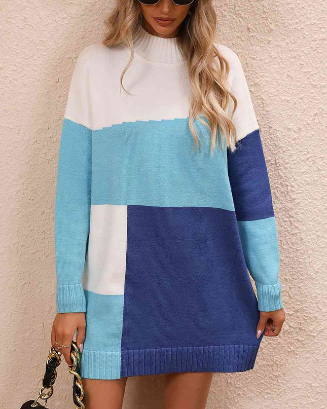 Color Block Mock Neck Dropped Shoulder Sweater Dress