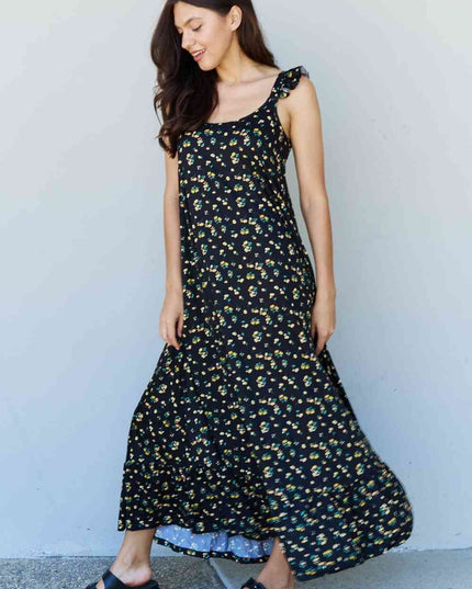 Doublju In The Garden Ruffle Floral Maxi Dress in  Black Yellow Floral