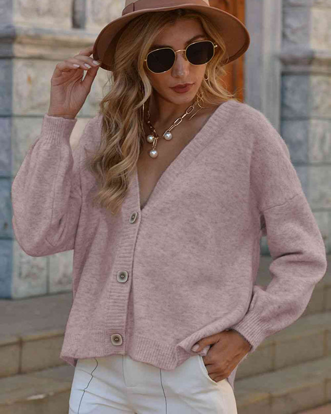 V-Neck Button-Down Dropped Shoulder Cardigan