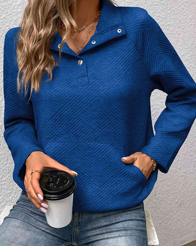 Half Buttoned Collared Neck Sweatshirt with Pocket