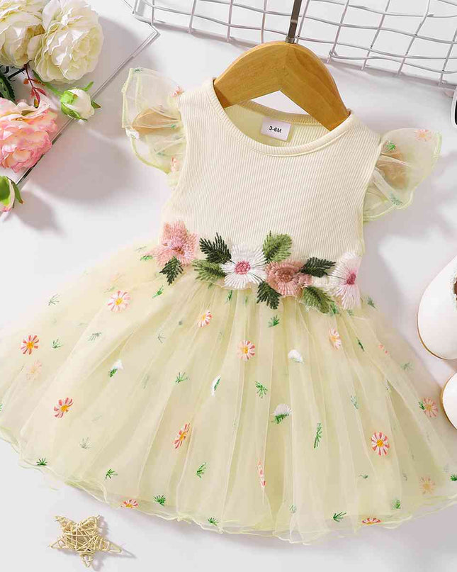 Embroidered Round Neck Flutter Sleeve Dress