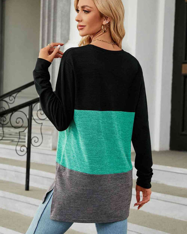 Color Block Round Neck Long Sleeve Slit T-Shirt