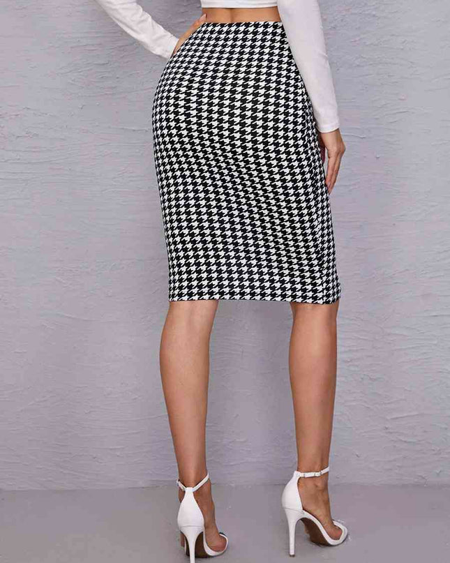Houndstooth Slit Knee-Length Skirt