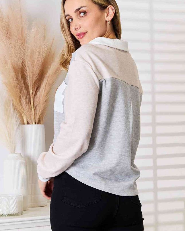 Double Take Color Block Curved Hem Shirt
