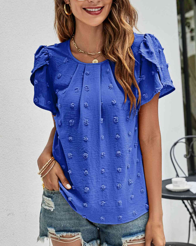 Swiss Dot Round Neck Petal Sleeve Top