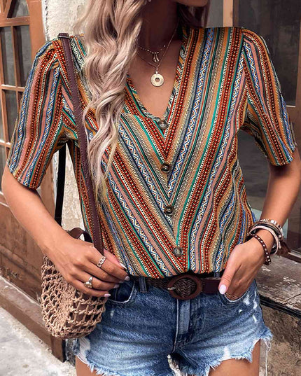 Printed V-Neck Button-Up Short Sleeve Top