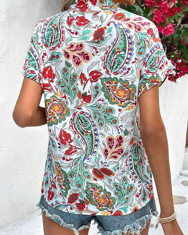Printed Notched Neck Short Sleeve Blouse