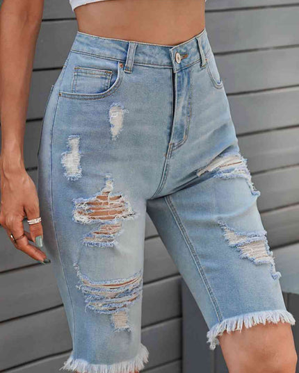 Distressed Raw Hem Denim Bermuda Shorts
