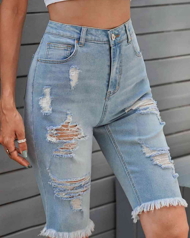 Distressed Raw Hem Denim Bermuda Shorts