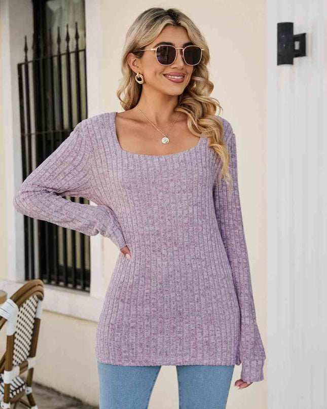 Square Neck Ribbed Long Sleeve T-Shirt