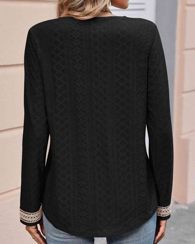 Double Take Contrast V-Neck Eyelet Long Sleeve Top