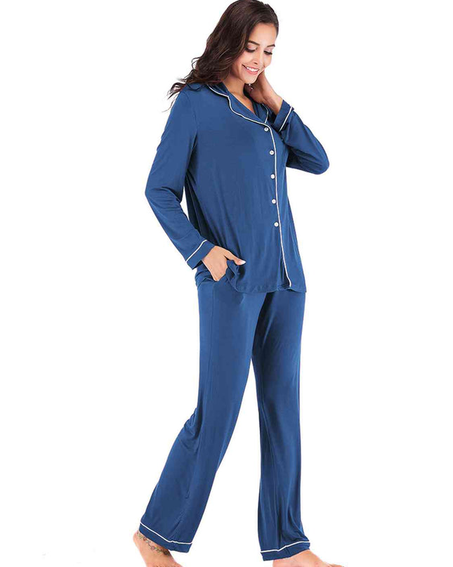 Collared Neck Long Sleeve Loungewear Set with Pockets