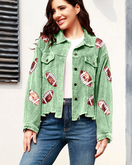 Football Sequin Raw Hem Collared Neck Jacket