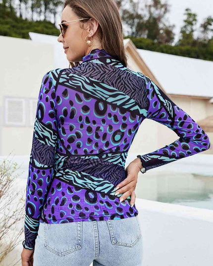 Printed Mock Neck Long Sleeve Blouse
