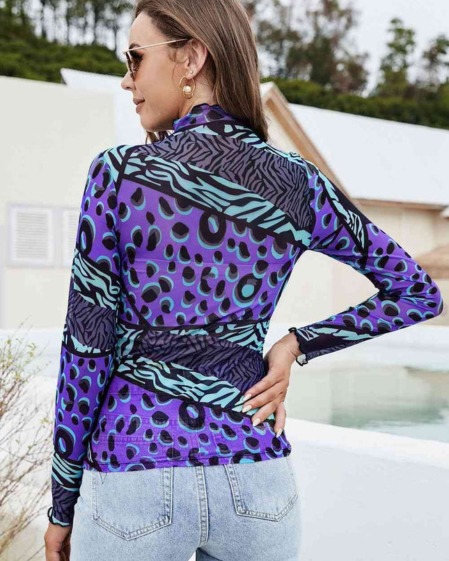 Printed Mock Neck Long Sleeve Blouse