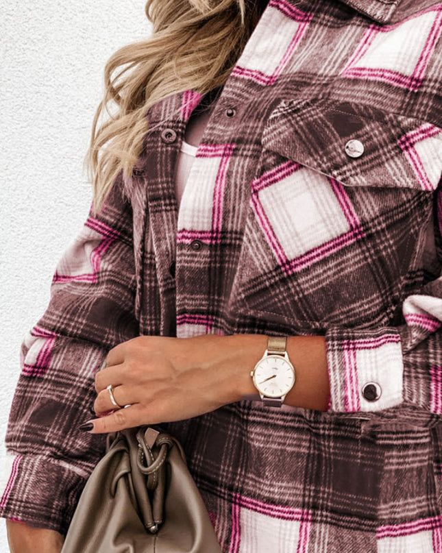 Pocketed Plaid Snap Down Dropped Shoulder Jacket