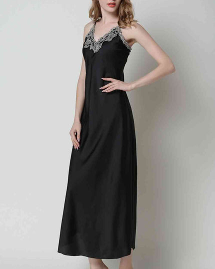 Full Size Lace Trim V-Neck Spaghetti Strap Satin Night Dress