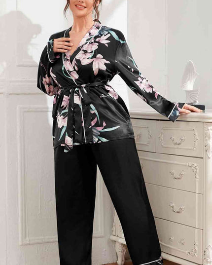 Plus Size Floral Belted Robe and Pants Pajama Set