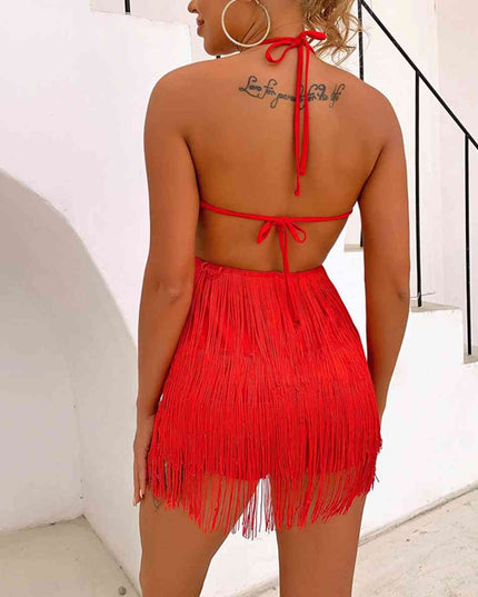 Fringed Halter Neck Tied Back Mini Dress