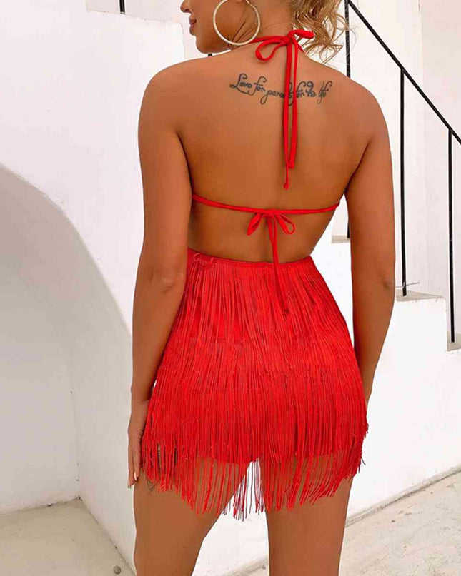 Fringed Halter Neck Tied Back Mini Dress