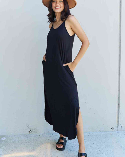 Ninexis Good Energy Full Size Cami Side Slit Maxi Dress in Black