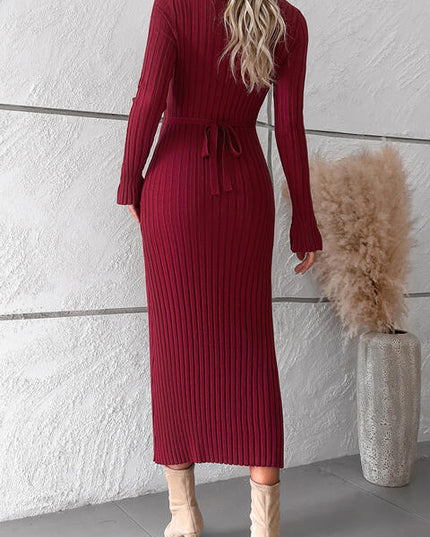 V-Neck Long Sleeve Ribbed Sweater Dress