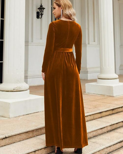 Tie Front Round Neck Long Sleeve Maxi Dress