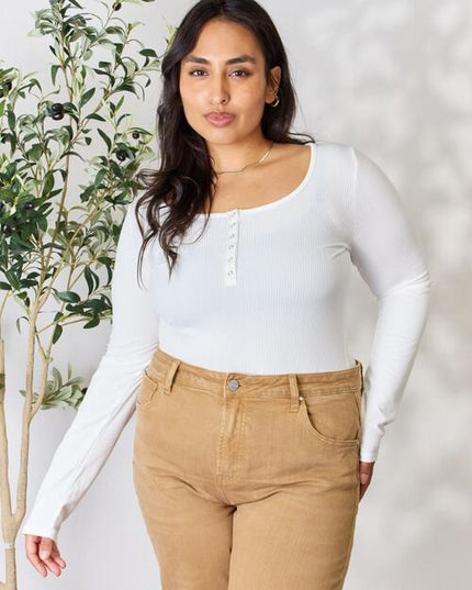 Heimish Full Size Ribbed Half Snap Long Sleeve Bodysuit