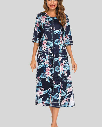 Printed Slit Night Dress with Pockets