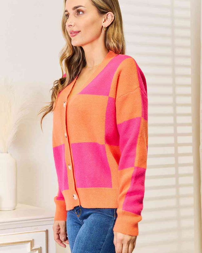 Woven Right Checkered V-Neck Dropped Shoulder Cardigan