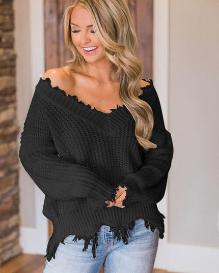 Frayed Hem Dropped Shoulder Sweater