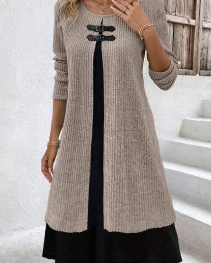 Contrast Ribbed Round Neck Long Sleeve Dress