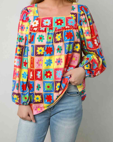 Printed Square Neck Balloon Sleeve Top