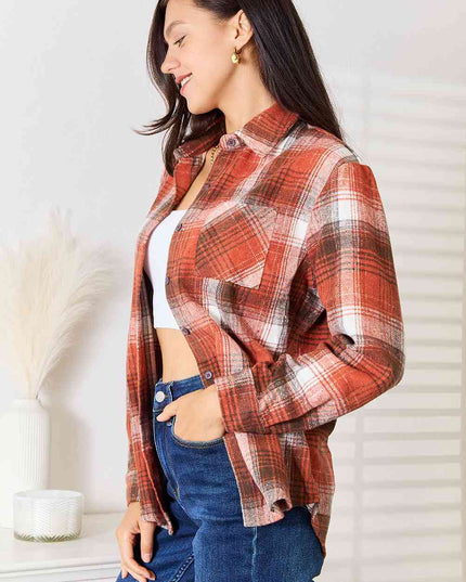 Double Take Plaid Collared Neck Long Sleeve Shirt