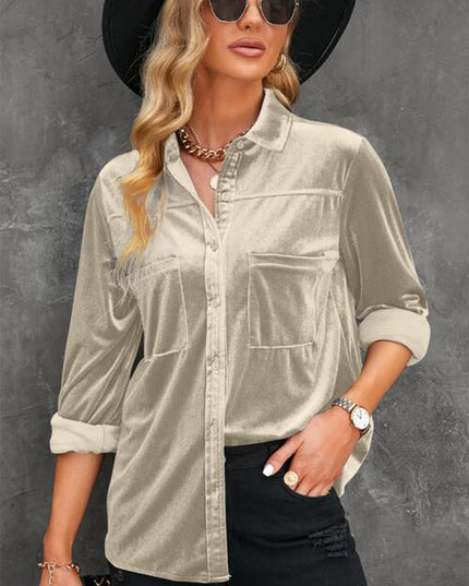 Button Up Collared Neck Long Sleeve Velvet Shirt