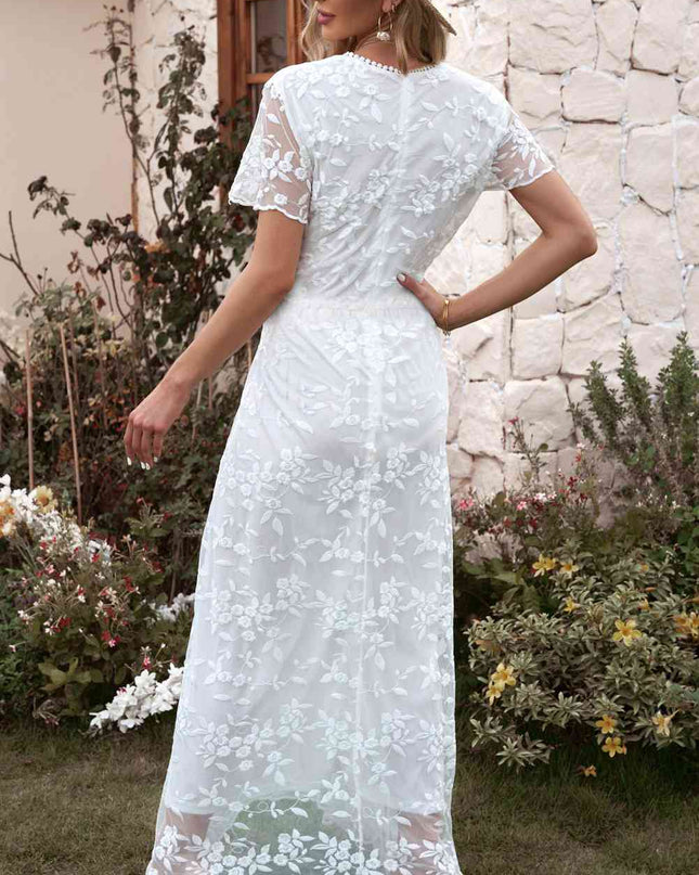 Embroidered Short Sleeve Surplice Neck Maxi Dress