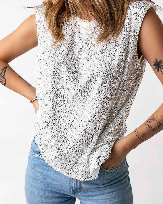 Sequin Round Neck Capped Sleeve Tank